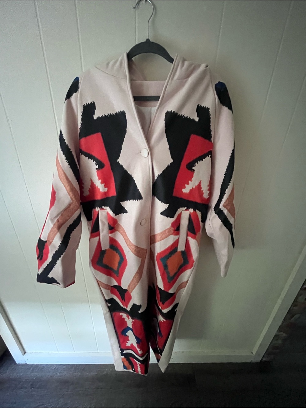 Bold Geometric Pattern Hooded Coat - Pink, Red & Black